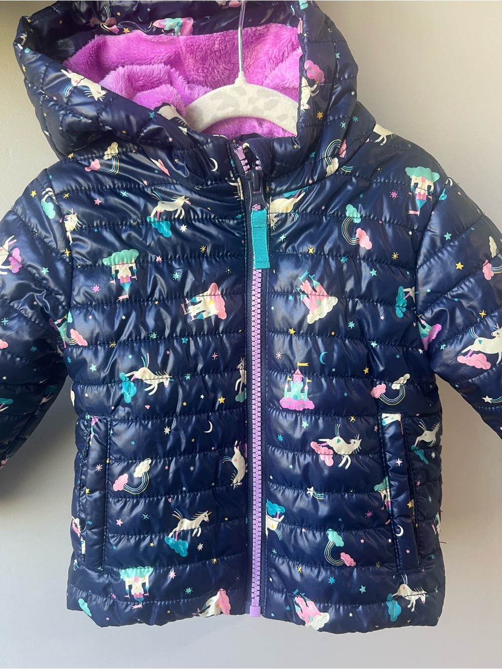 Cat & Jack Toddler Navy Puffer Jacket Unicorn Castle Fuzzy Purple Fleece Hooded
